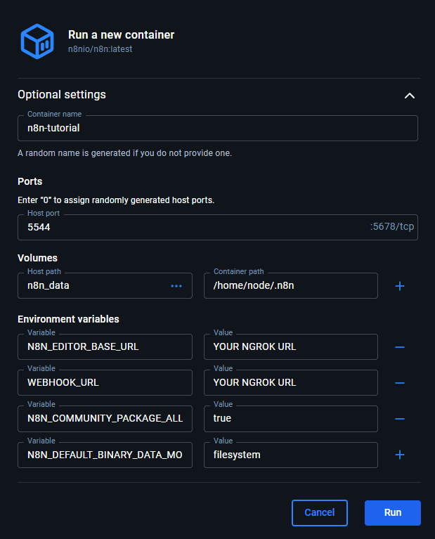 Fenêtre Docker Desktop Run a new container configurée pour n8n